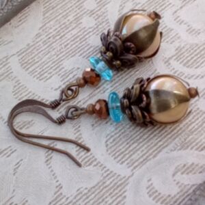 B2G1 Handmade Elegant Cream Beige Blue Bronze Earrings